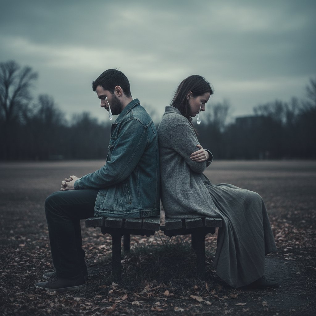 Dwie osoby odwrócone plecami, samotność w relacji, symbol zerwania więzi przez fiksację