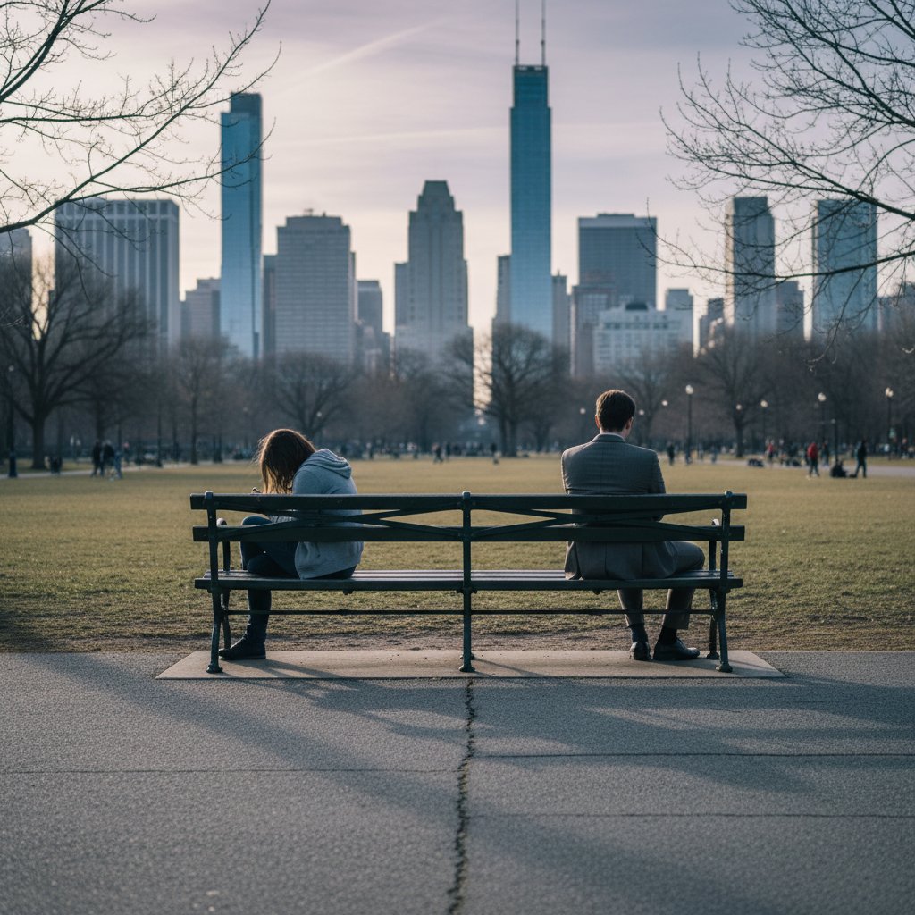 Dwie osoby na ławce, każda patrzy w inną stronę, ukazując dystans emocjonalny spowodowany hipopobudzeniem