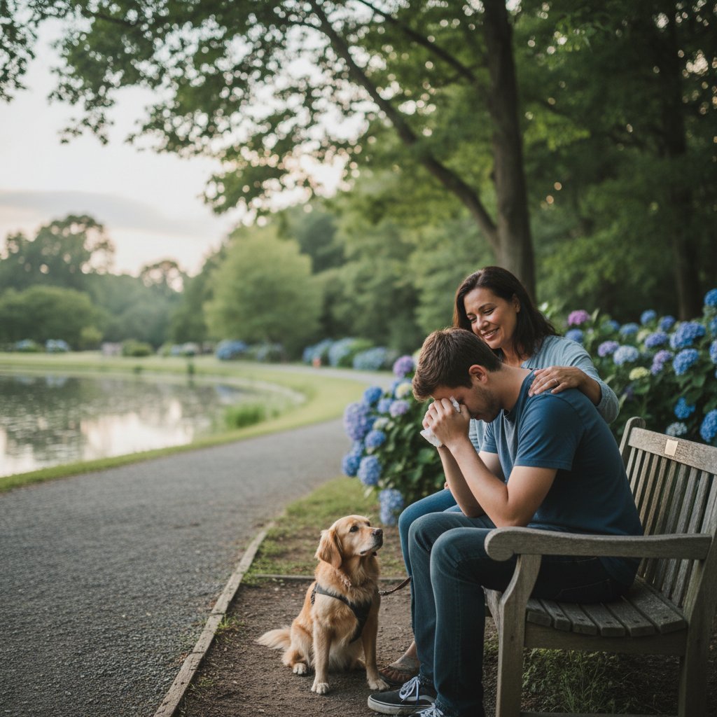Dwie osoby rozmawiające na ławce w parku, jedna wyraźnie poruszona, druga słucha uważnie – wsparcie społeczne