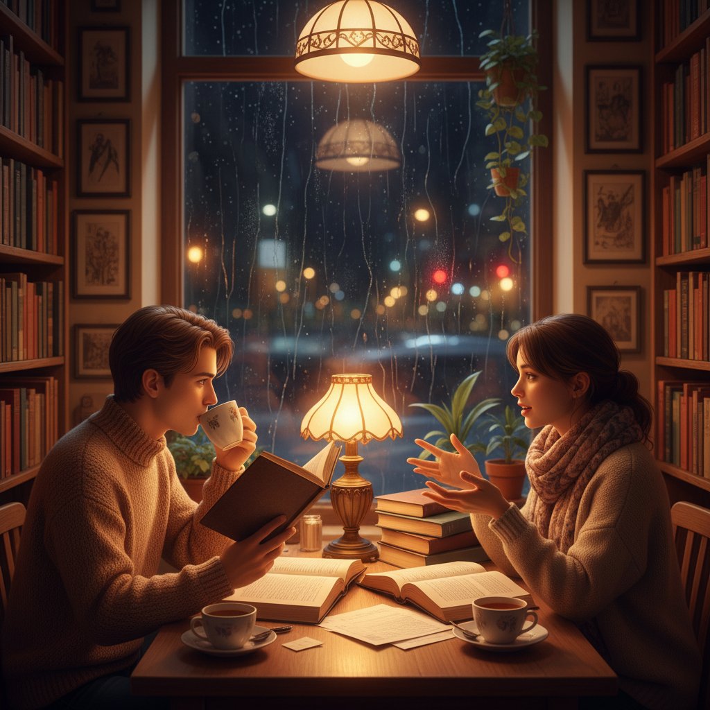 Dwie osoby w kawiarni, między nimi stos książek, scena nocna – rozmowa o literaturze