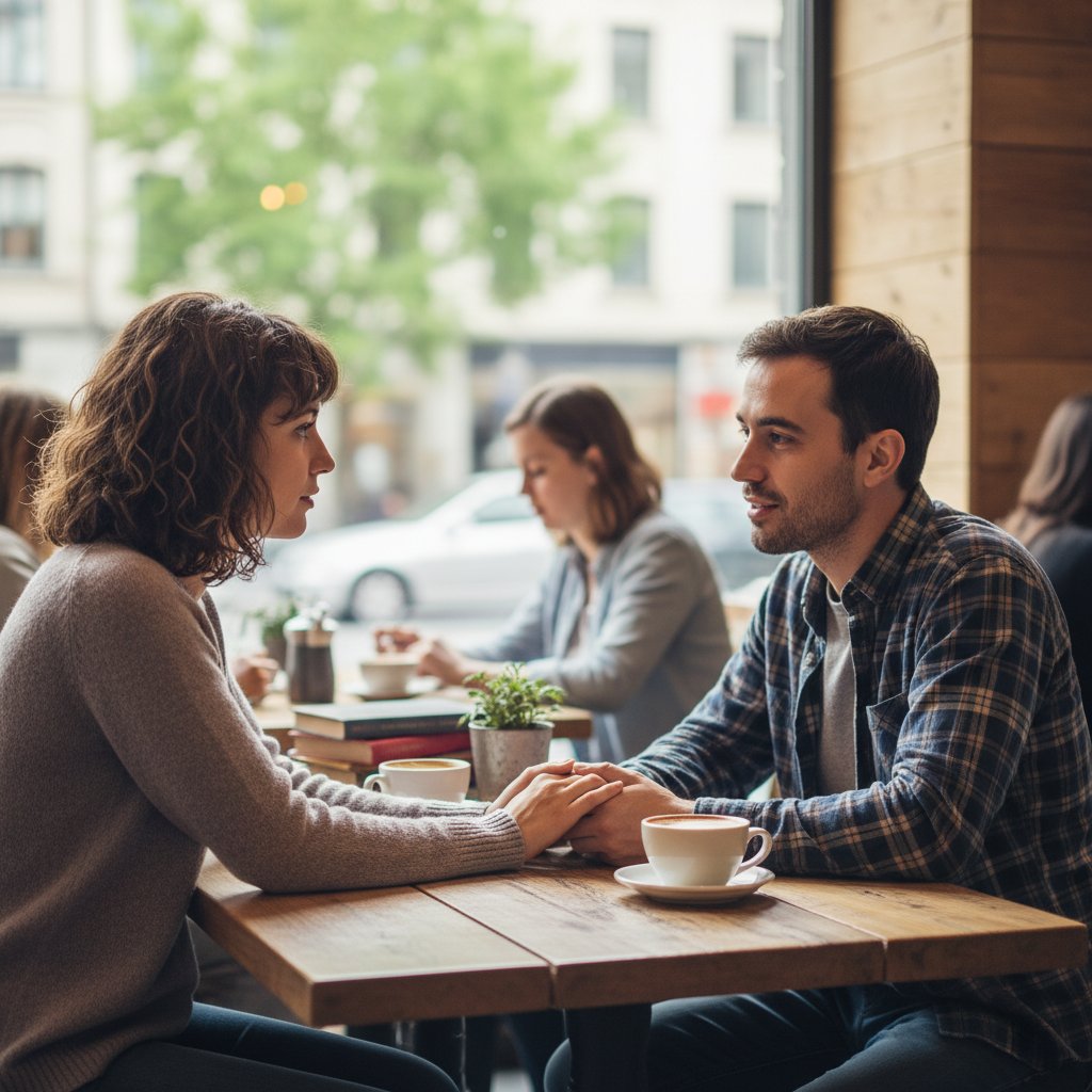 Dwie osoby prowadzące spokojną rozmowę w kawiarni, bliskie wsparcie emocjonalne