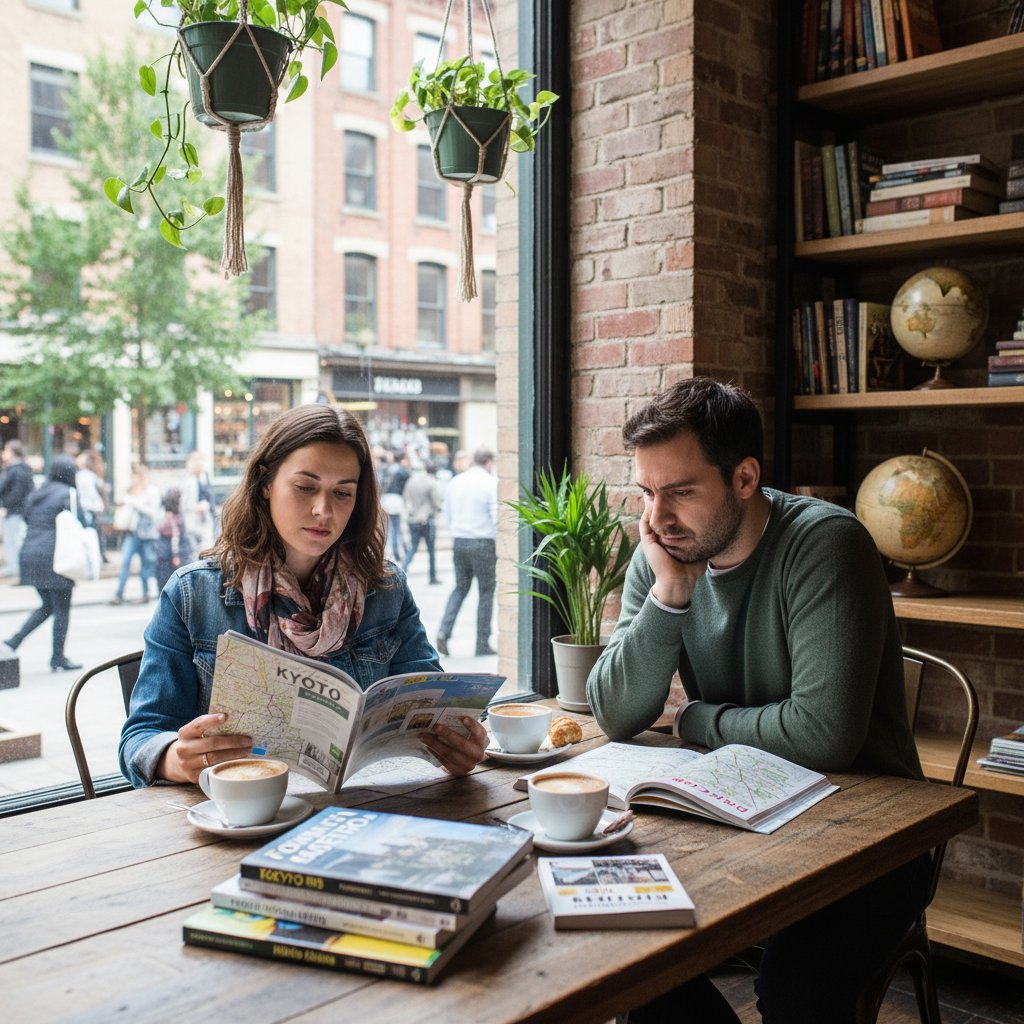 Kobieta i mężczyzna rozmawiają przez telefon w kawiarni, oboje wyraźnie analizują sytuację, na stole leżą przewodniki