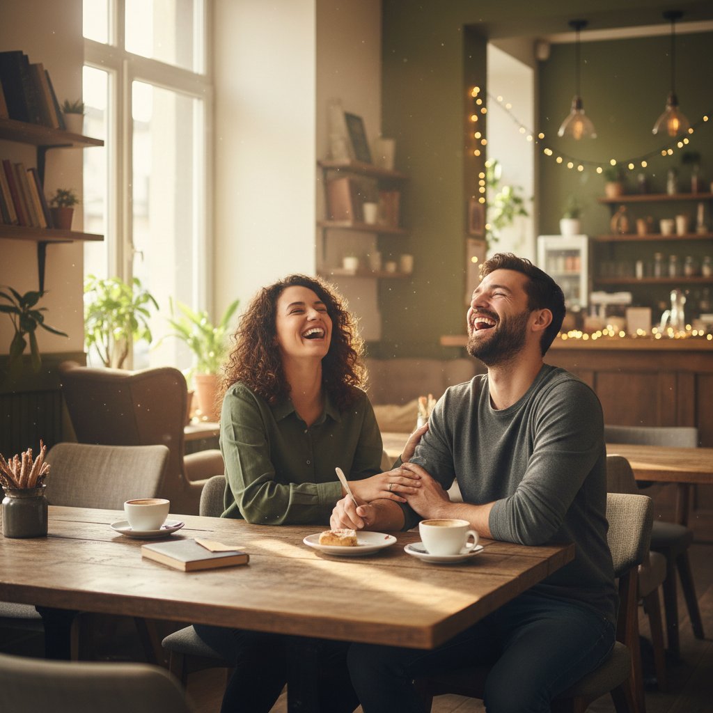 Dwie osoby w kawiarni, śmiech, gest wsparcia, kameralna atmosfera
