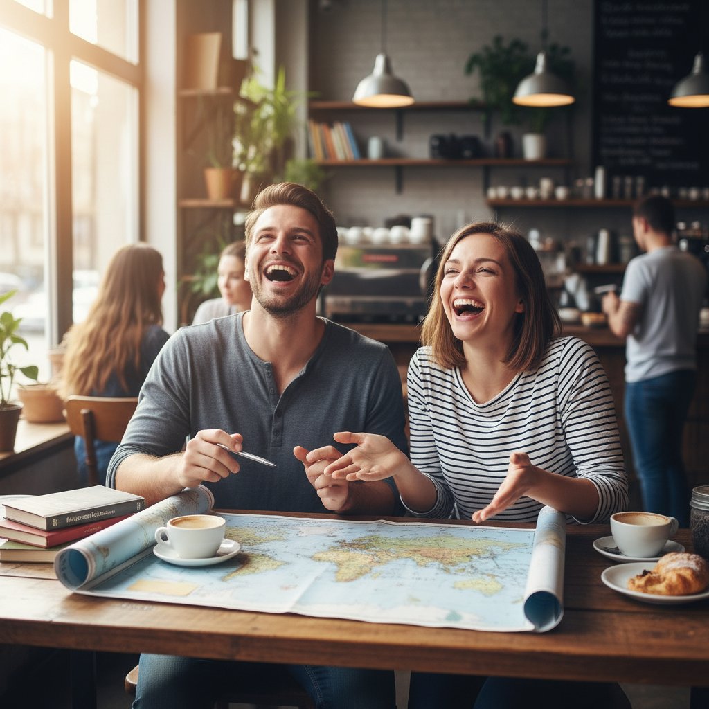 Dwoje ludzi siedzi w kawiarni z mapą, śmiejąc się i planując podróż, wyraźny luz i otwartość