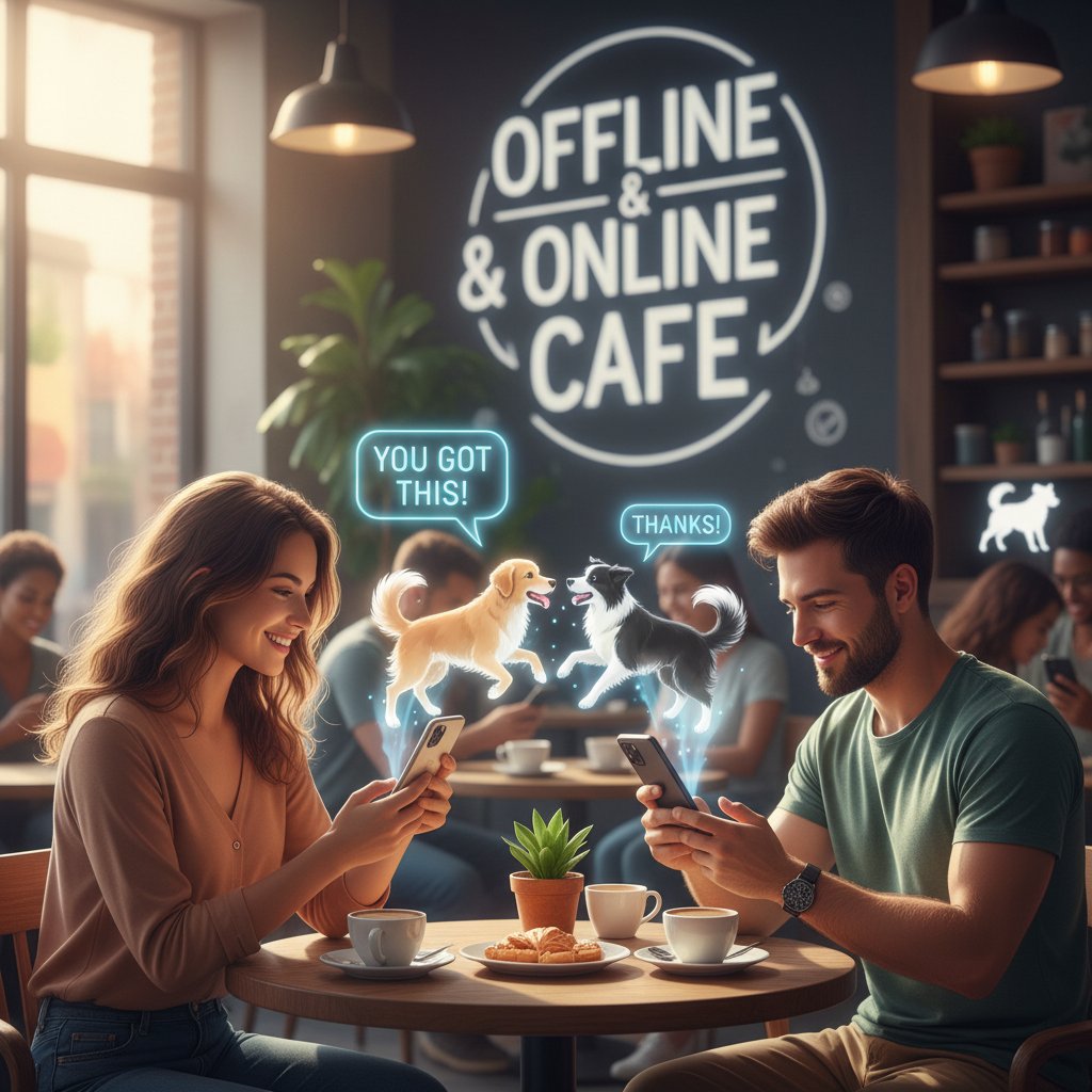 Dwie osoby rozmawiające w kawiarni, na ekranie telefonów wirtualne pieski, wsparcie społeczne offline i online