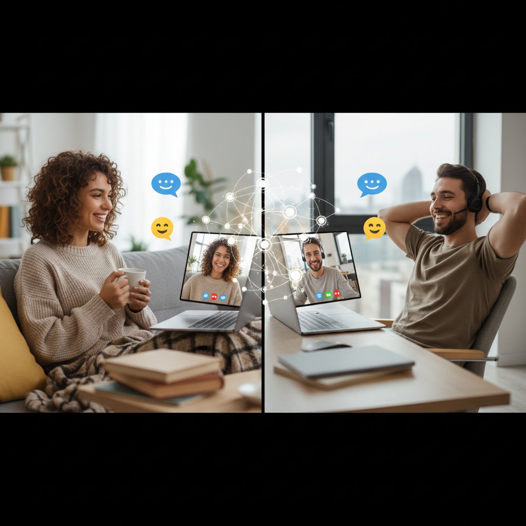 Dwie osoby prowadzą rozmowę przez czat, skupione na ekranie, przyjazna atmosfera