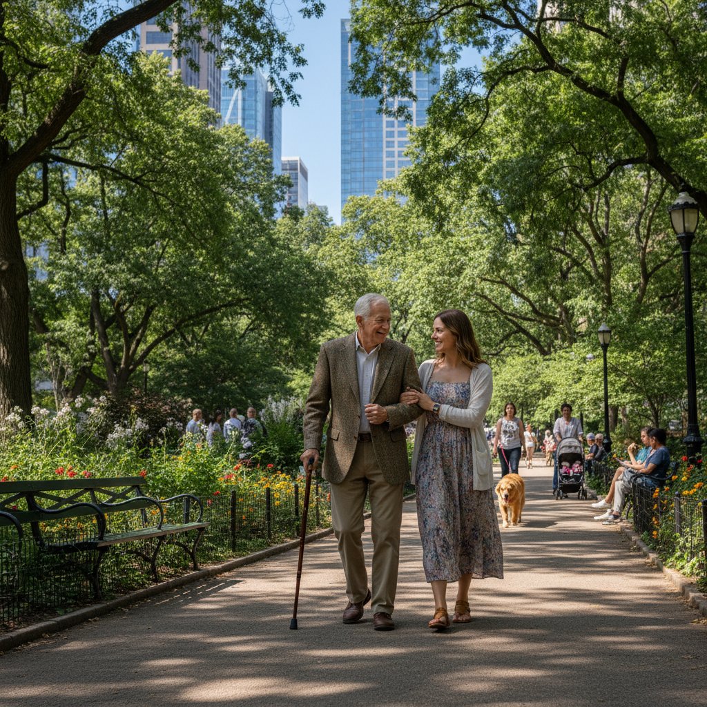 Dwie osoby na spacerze w miejskim parku – wsparcie przez codzienne aktywności