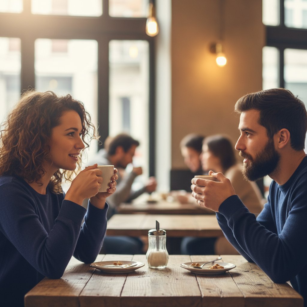 Dwie osoby rozmawiające przy kawie, jedna wyraźnie wspiera drugą