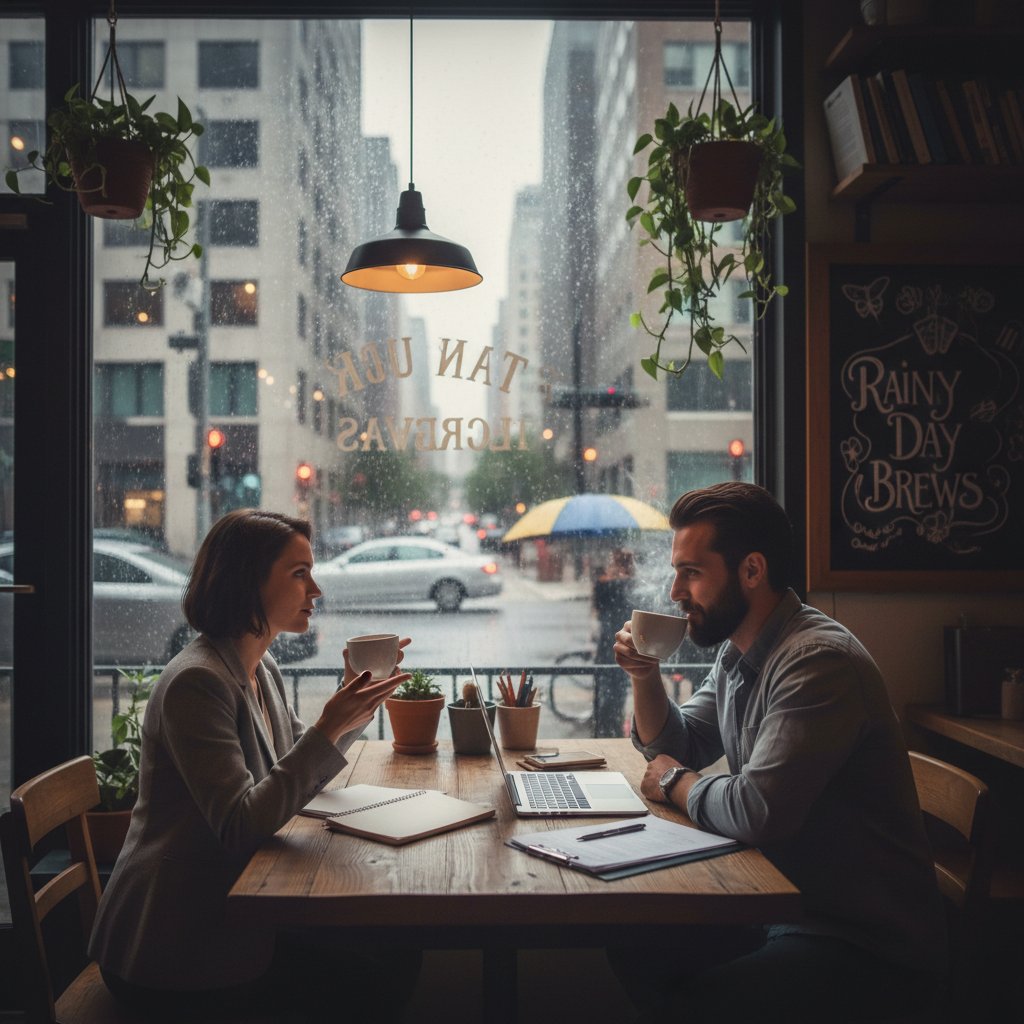 Dwie osoby siedzące przy stole w kawiarni, zamyślone, rozmawiające o pracy, deszcz za oknem, klimat miejski