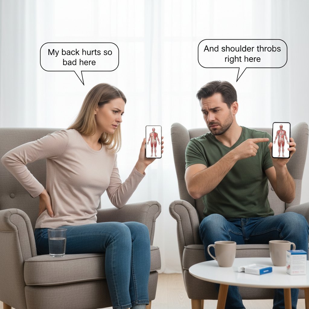 Dwie osoby porównujące objawy na kartce papieru – ból ostry vs. przewlekły