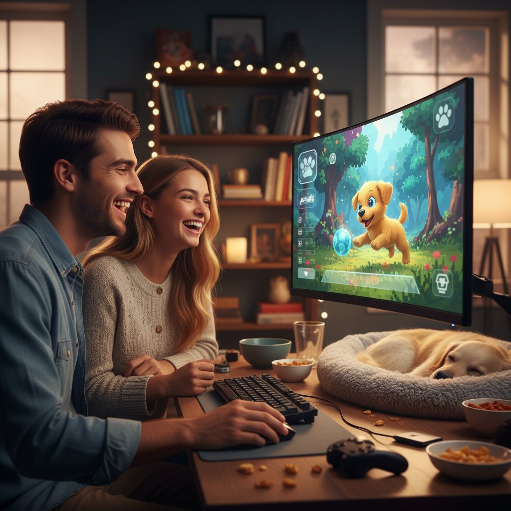 Dwie osoby przy komputerze bawiące się z wirtualnym psem, uśmiechy, radosna atmosfera