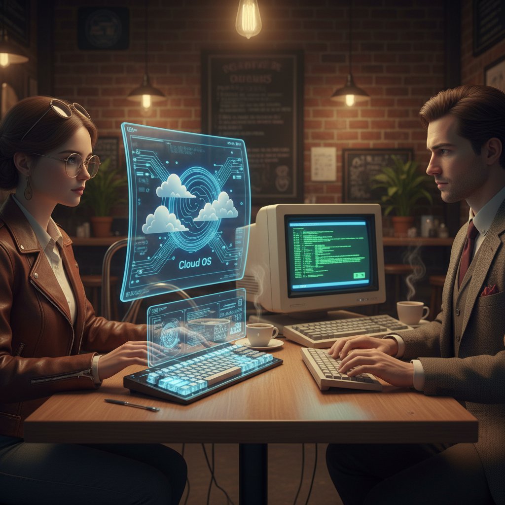 Kontrast dwóch osób: jedna pracuje na klasycznym komputerze, druga na systemie online w kawiarni, porównanie rozwiązań