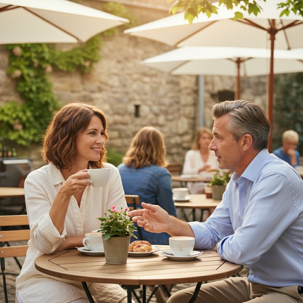 Dwie osoby rozmawiające w spokojnym otoczeniu, symbolizujące dialog między ego a autentycznym ja