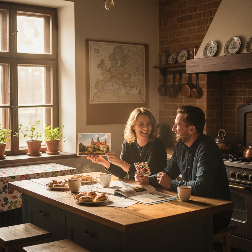 Dwoje ludzi przy stole, śmiejących się podczas rozmowy o kuchni i podróżach po Polsce, ciepła i swobodna atmosfera