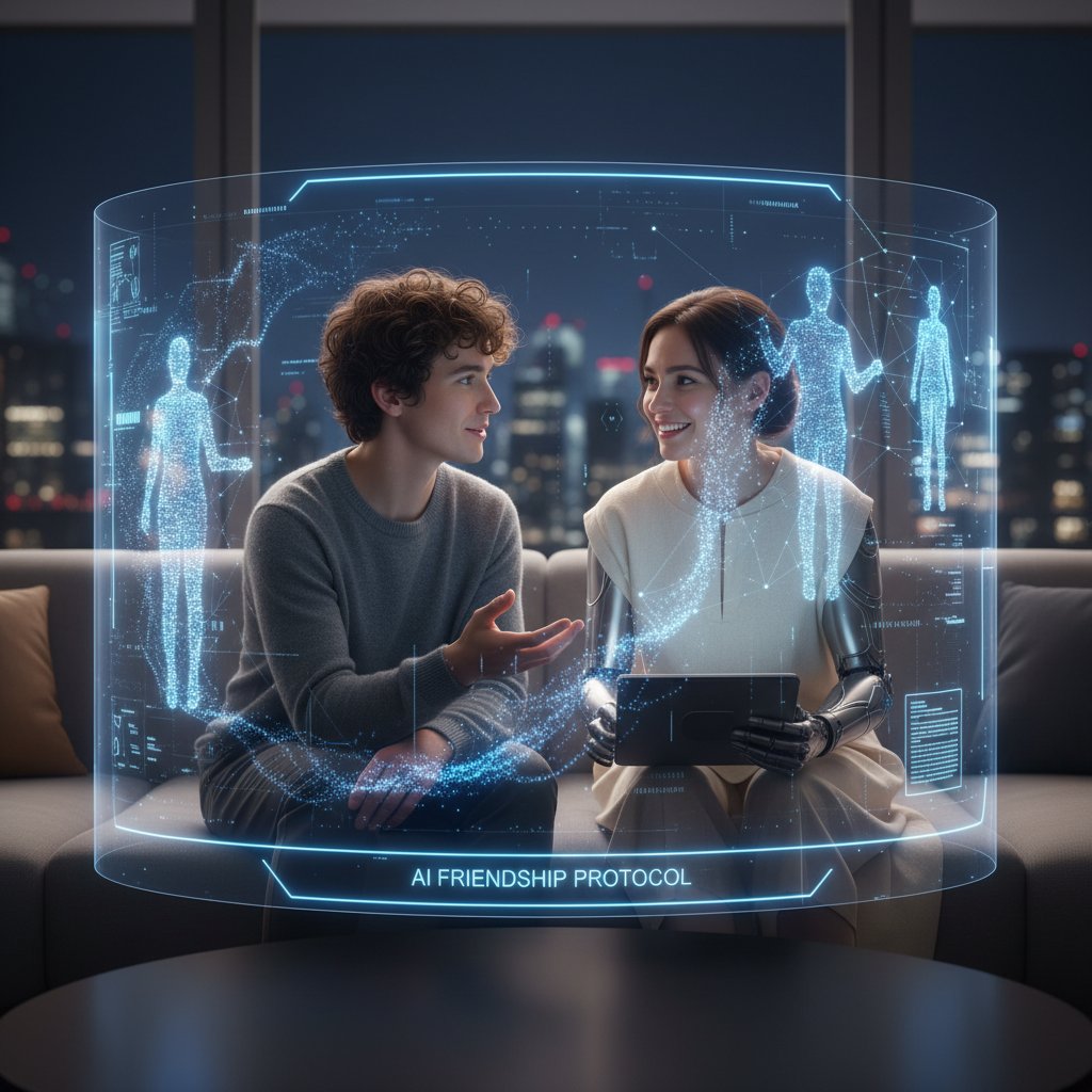 Dwie osoby rozmawiające ze sobą na tle ekranu z AI – relacja człowiek vs. AI