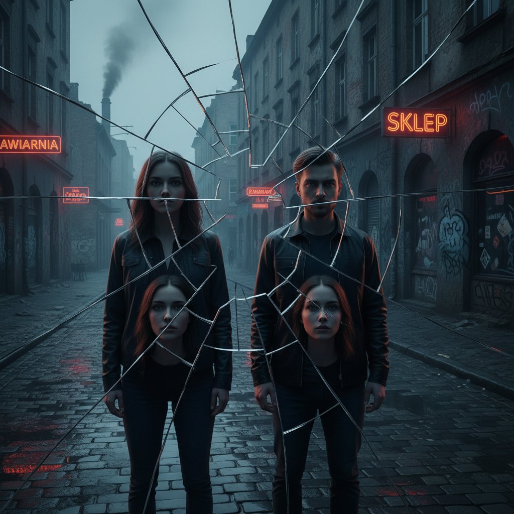 Symboliczne zdjęcie dwóch osób po przeciwnych stronach pękniętego lustra, równość społeczna w polskim mieście