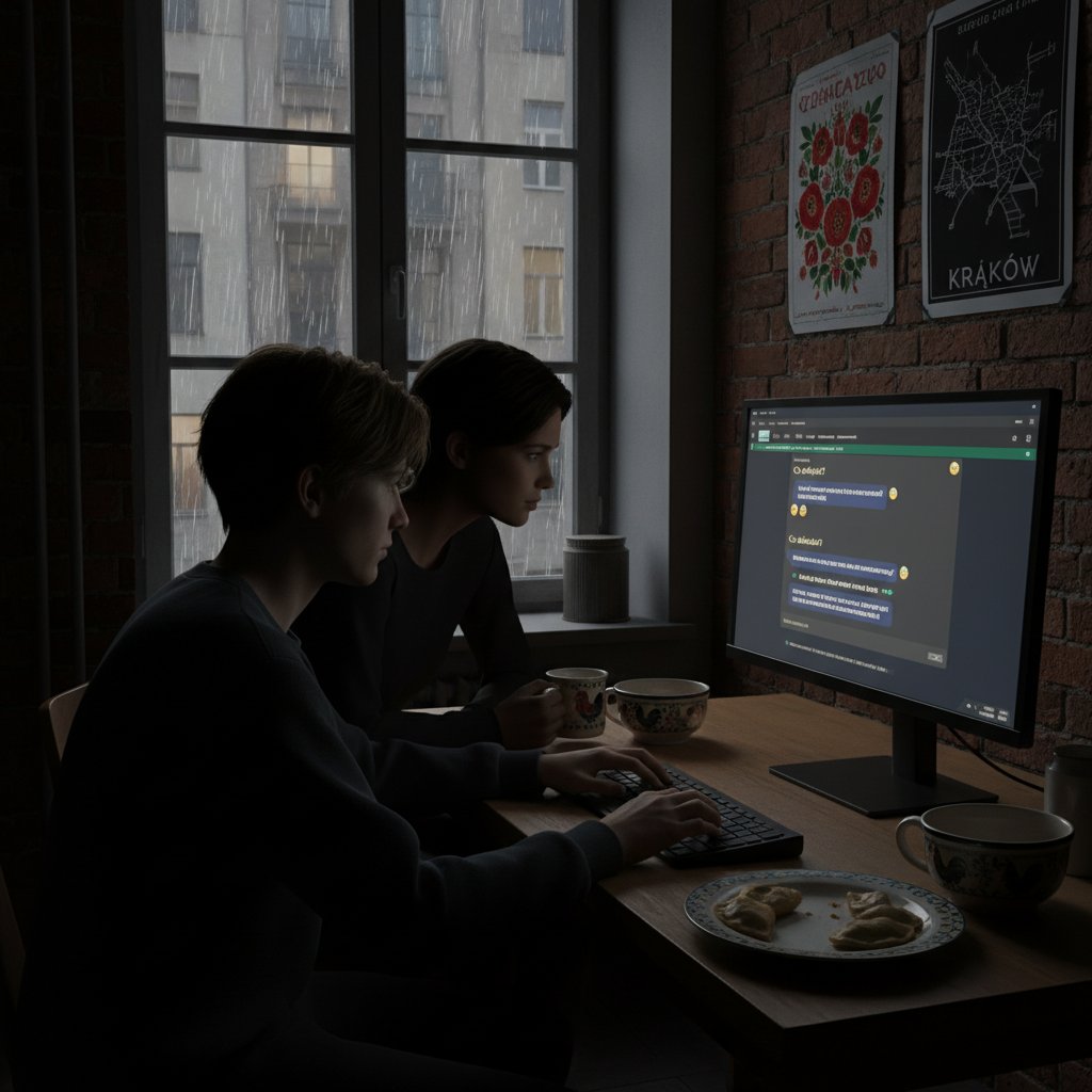 Dwie osoby w ciemnych pokojach, rozjaśnione światłem monitorów, prowadzą głęboką rozmowę online