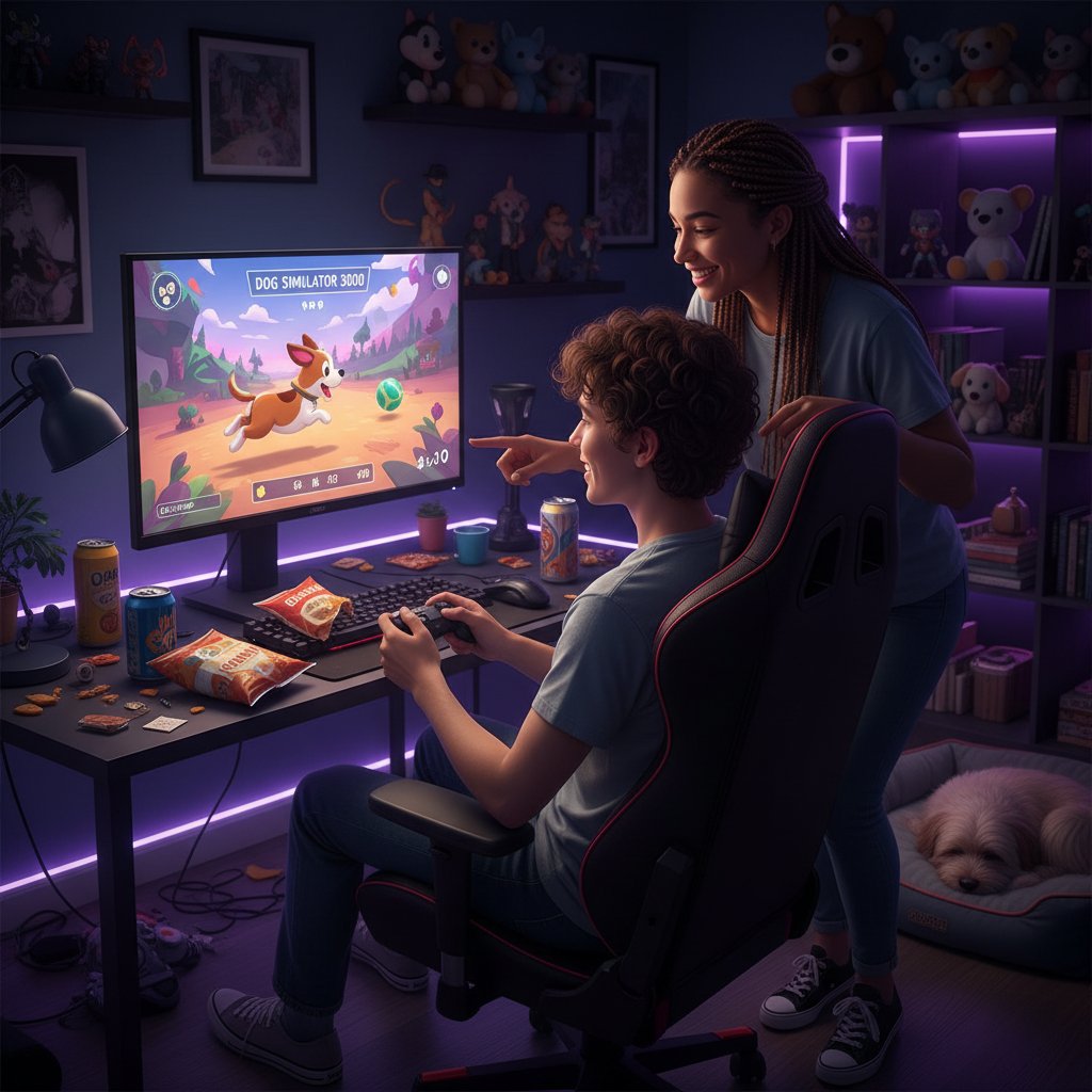 Dwie osoby grające w symulator adopcji psa na komputerach w ciemnym pokoju