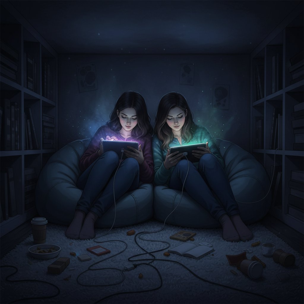 Dwie osoby w ciemnym pokoju patrzą w ekrany, zagubione w scrollowaniu, rozmowy online które uczą