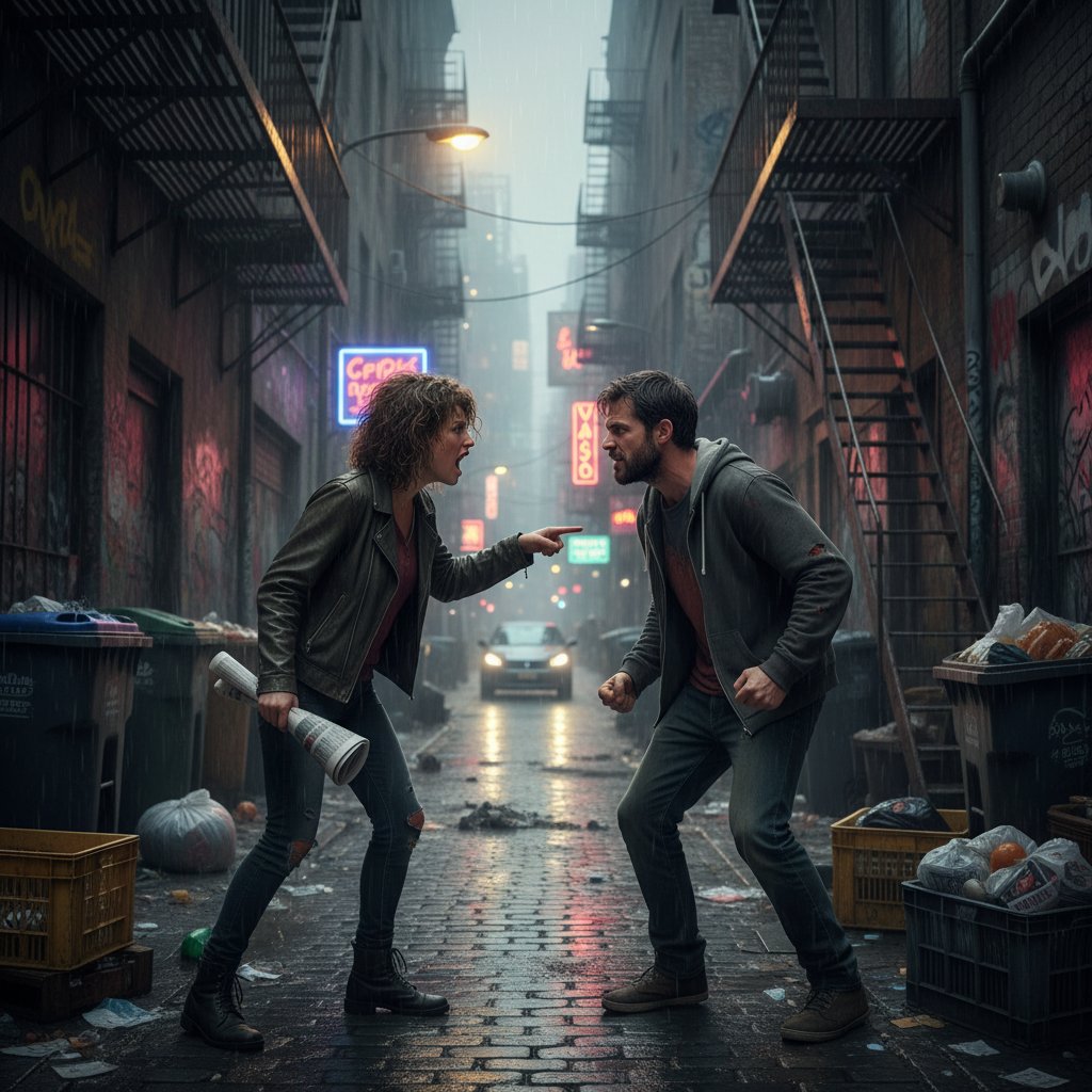 Dwójka osób w zażartej dyskusji w miejskim otoczeniu