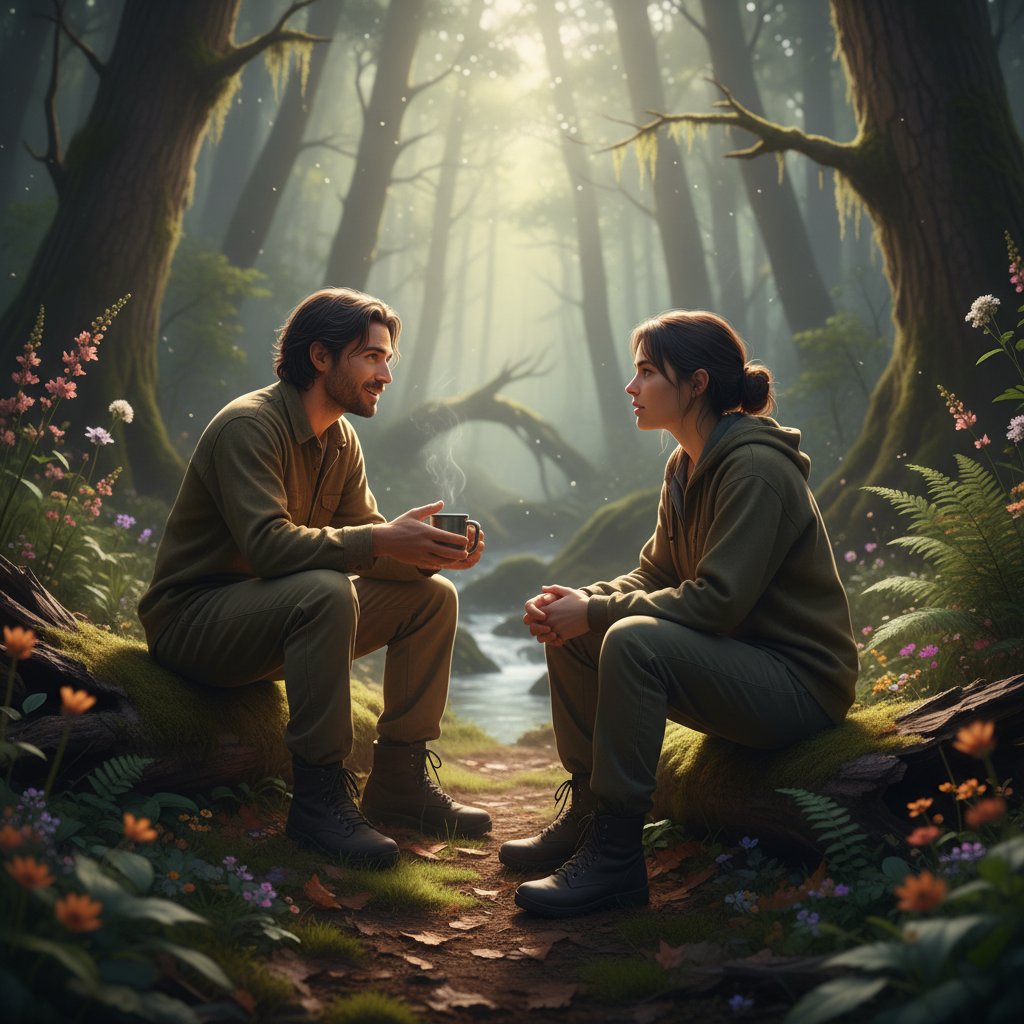 Empatyczna rozmowa podczas sesji terapeutycznej, miękkie światło, naturalne otoczenie