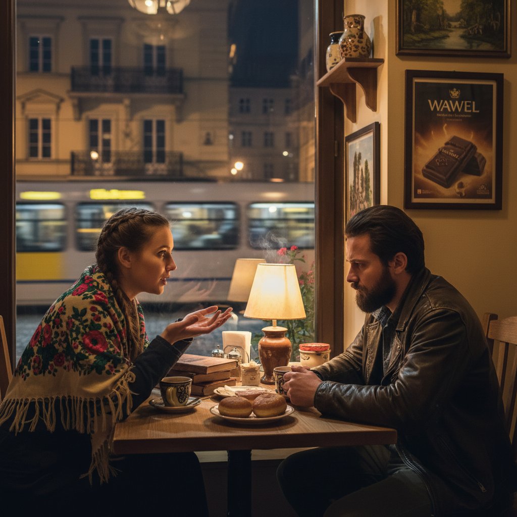 Dwóch ludzi przy stoliku w kawiarni nocą, rozmawiających o życiu – intensywna atmosfera, polskie realia