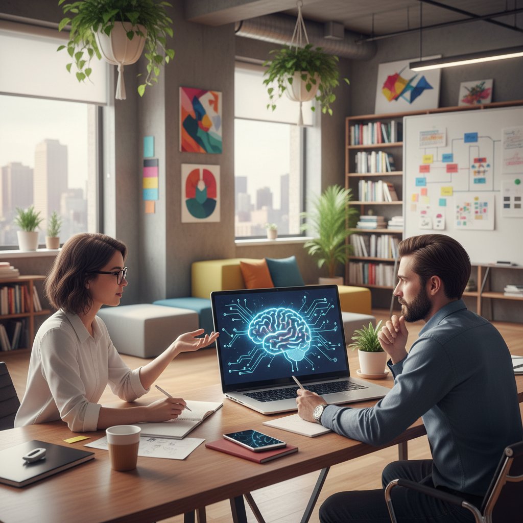 Dwoje ludzi przy stole z laptopem, obok ekran z symbolem AI, kreatywna atmosfera, nowoczesny biurowiec