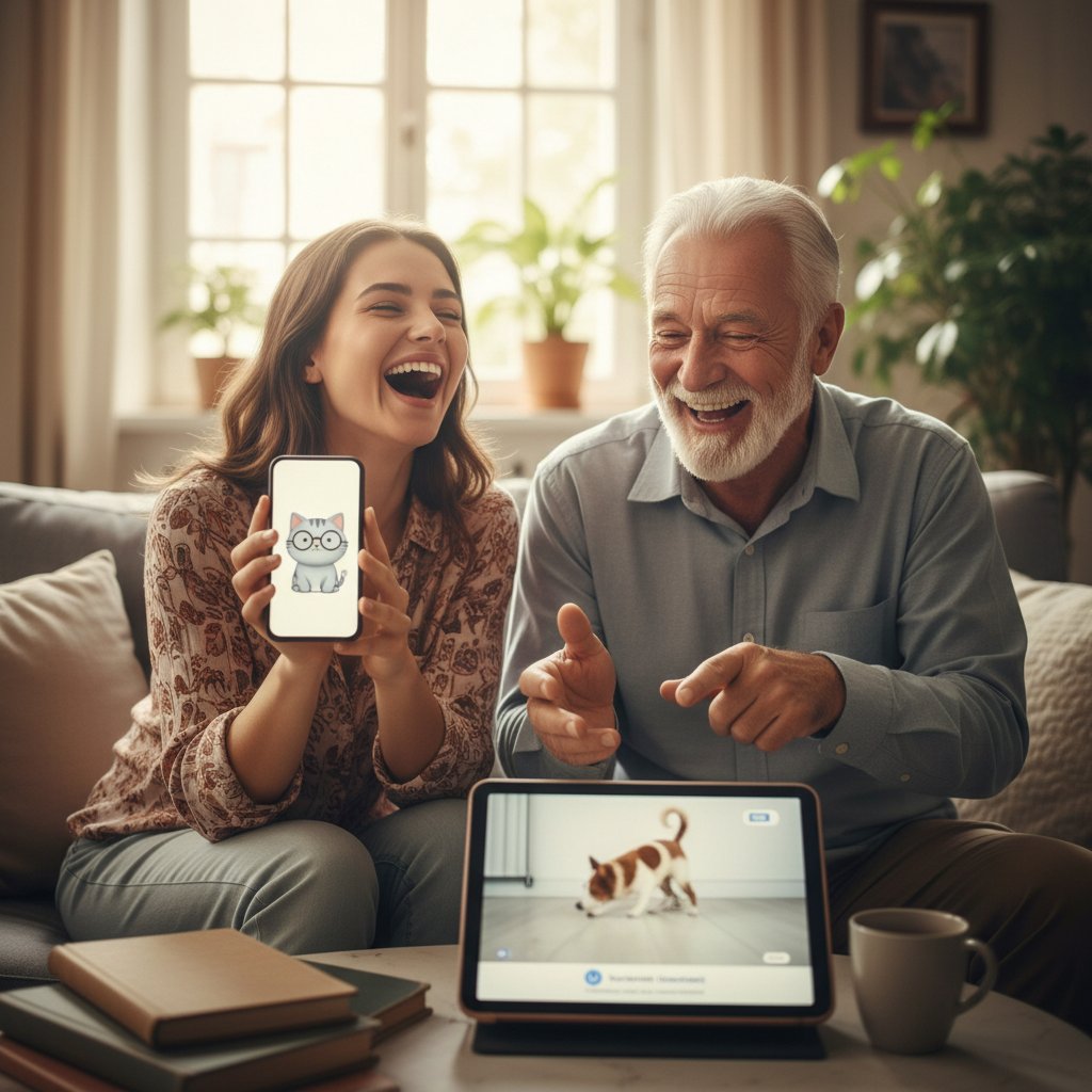 Dwie osoby w różnym wieku siedzące obok siebie, śmiejące się z różnych treści na osobnych ekranach