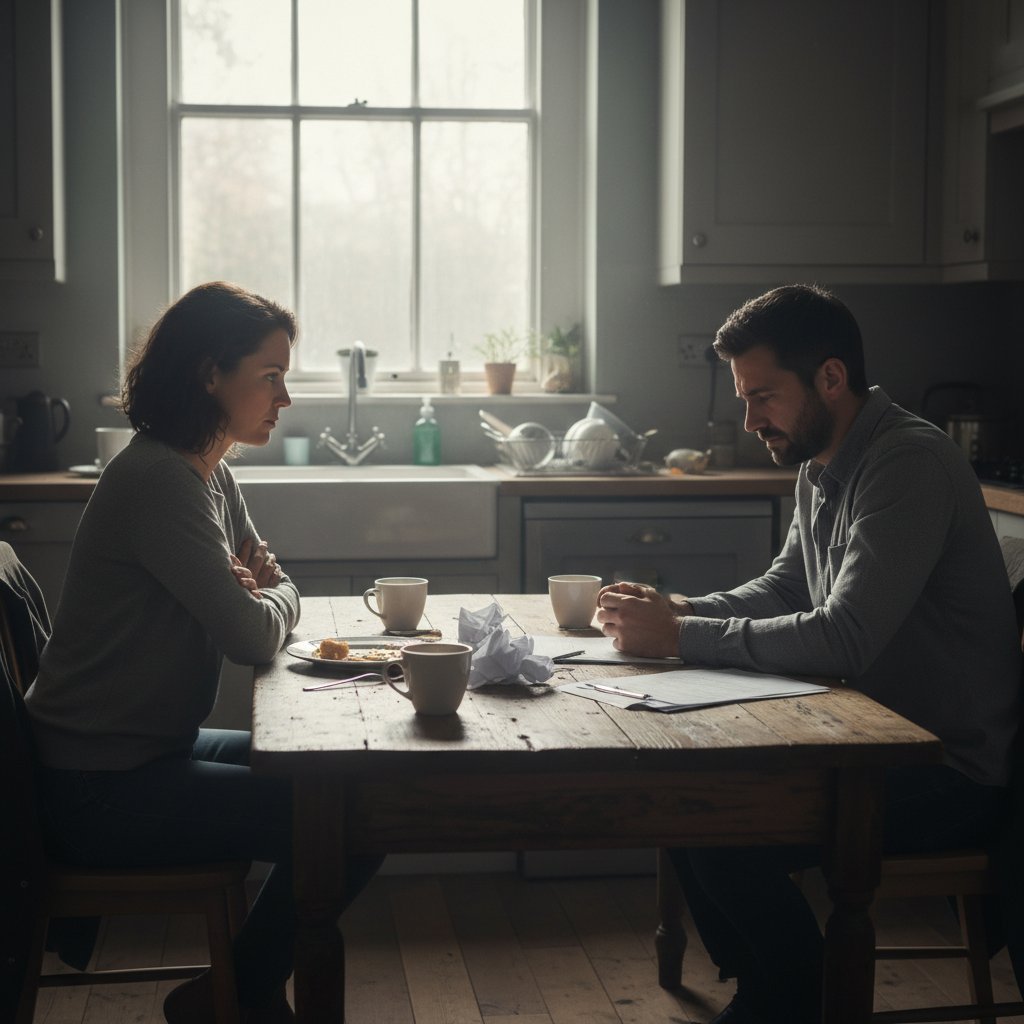 Two people in a difficult conversation at home, tense and trying to connect, kitchen table, relationship problems