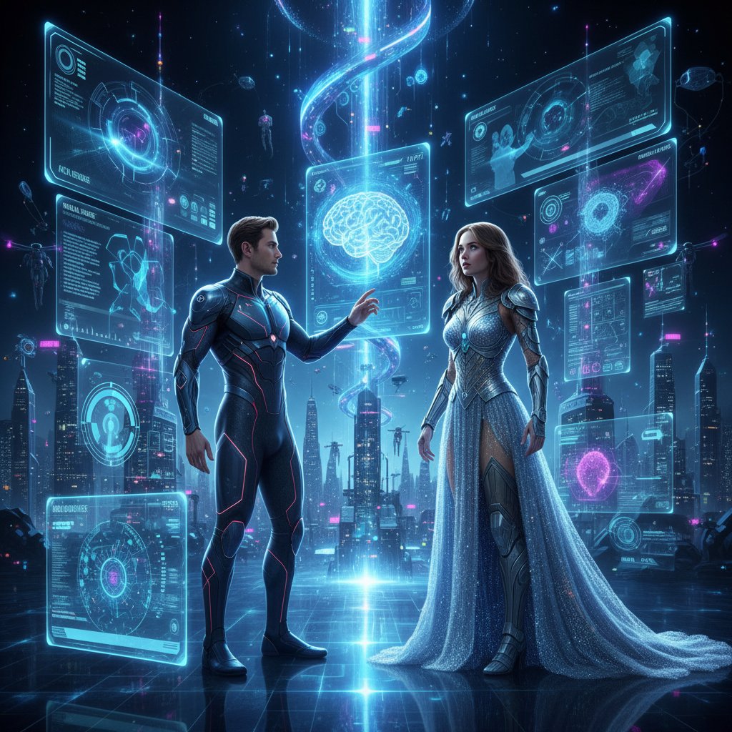 Dwóch ludzi rozmawiających naprzeciwko siebie w cyfrowym otoczeniu, symulacja AI, wysokokontrastowa fotografia