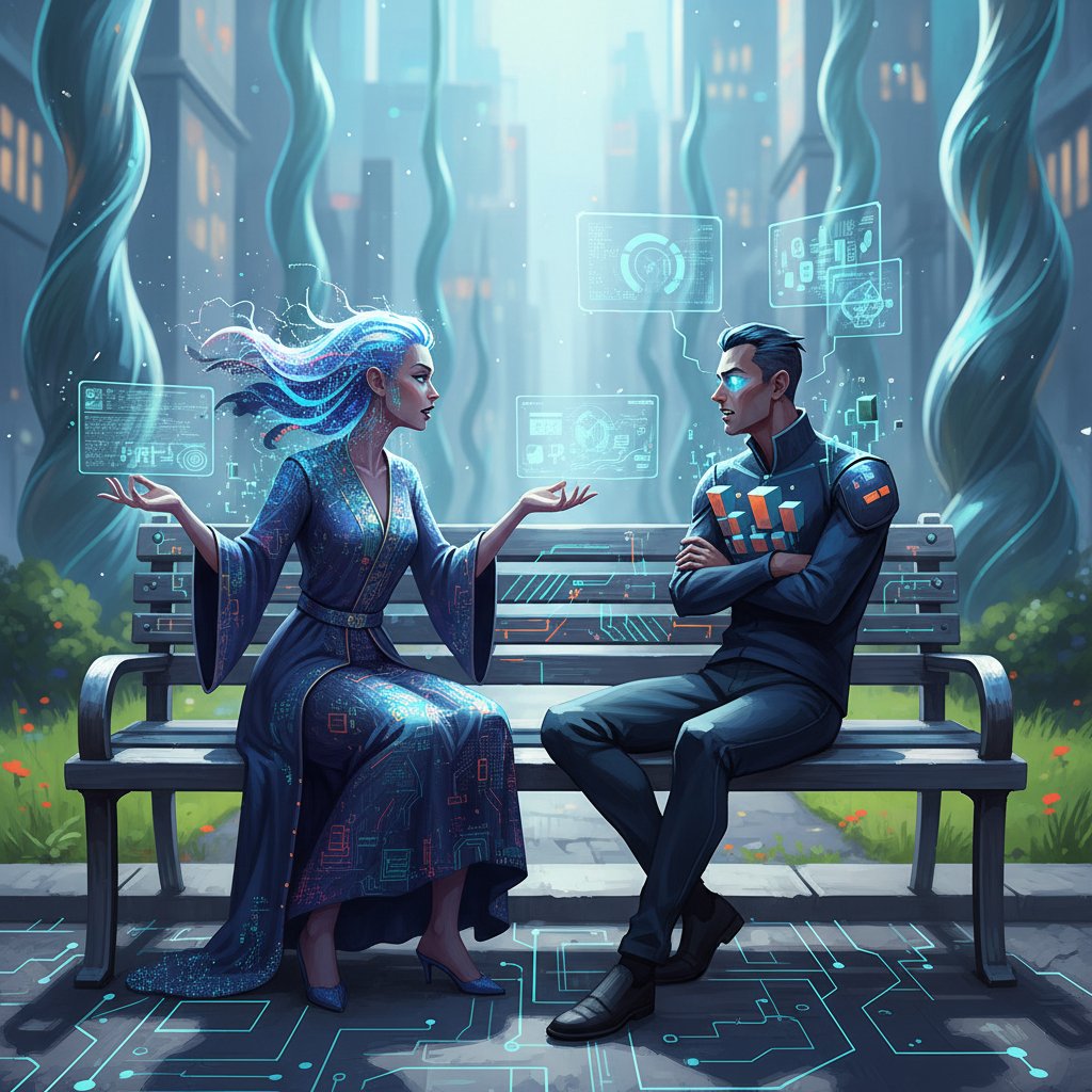 Symbolbild: Zwei Menschen und eine digitale Frau auf einer Parkbank, stellvertretend für gesellschaftliche Debatte über digitale Beziehungen