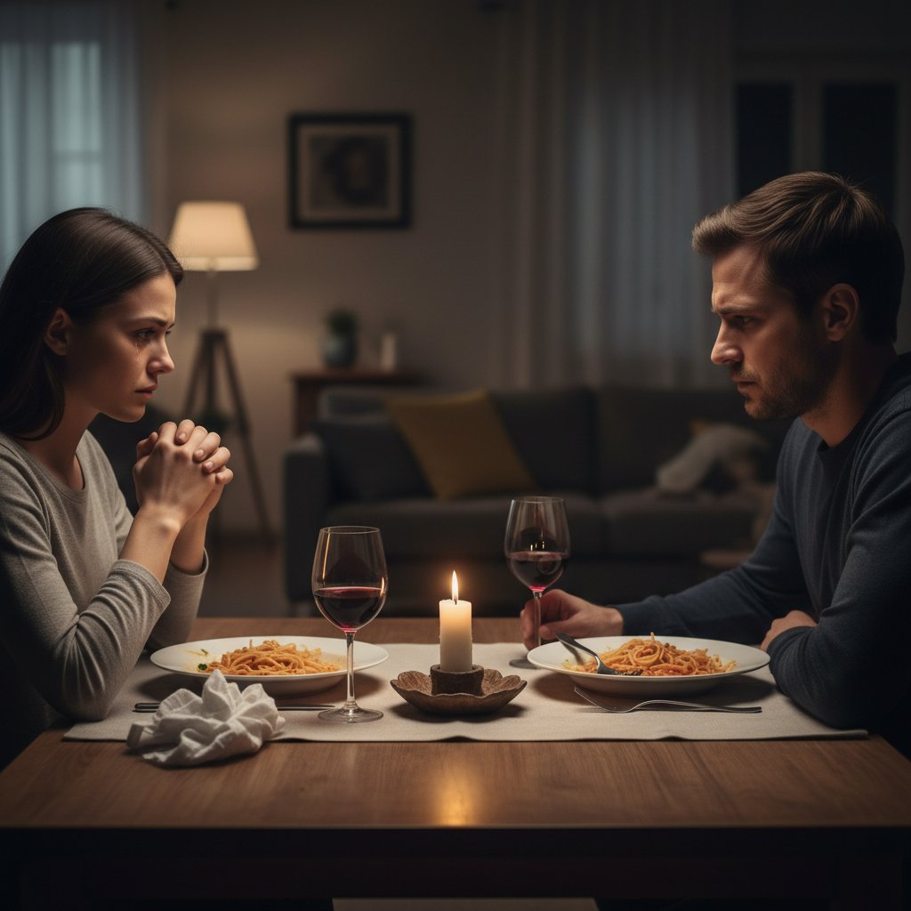 Dwie osoby przy stole, unikające kontaktu wzrokowego, ilustracja napięć wynikających z zaprzeczania w relacji