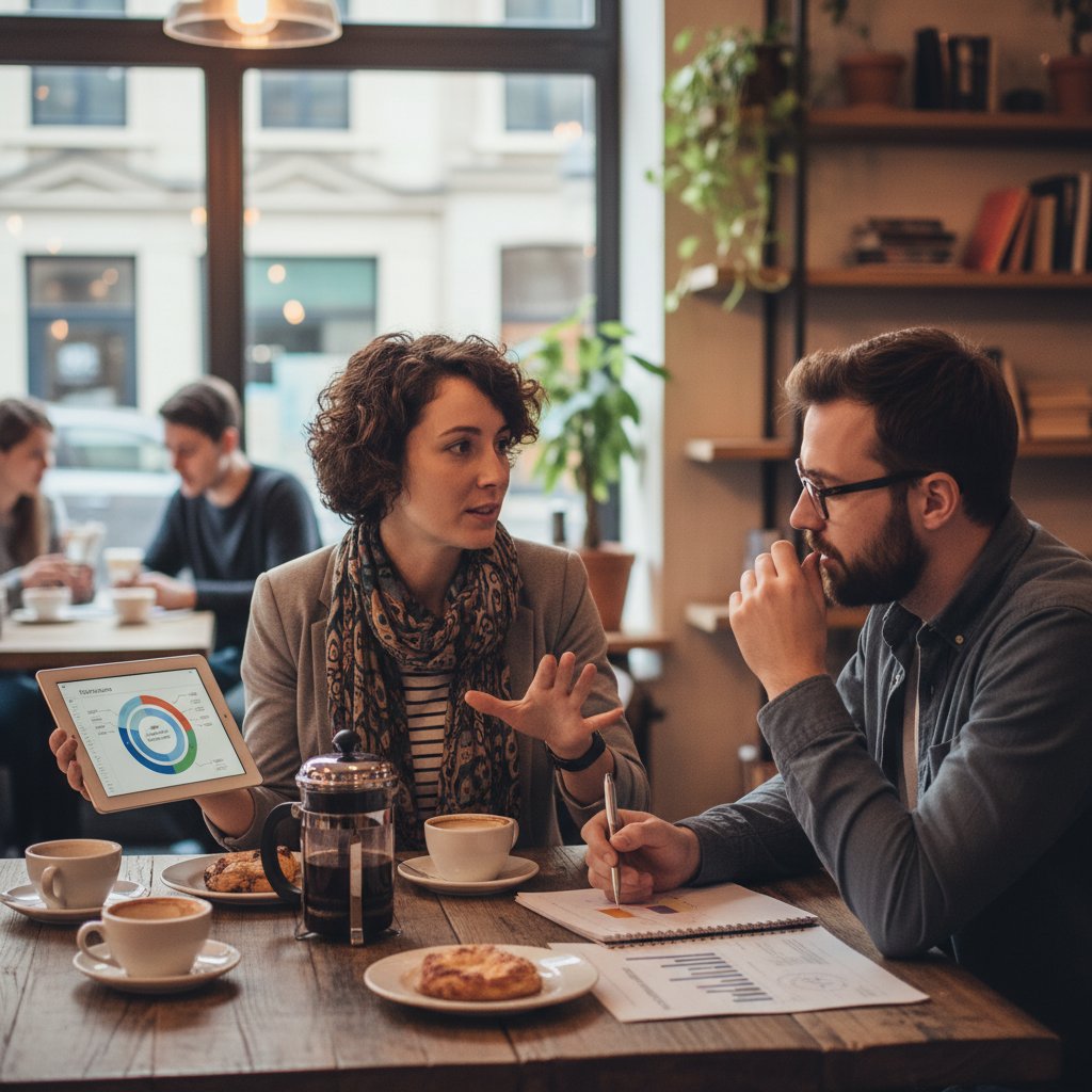 Dwie osoby omawiające wyniki testów kariery w kawiarni, notatki i laptop na stole