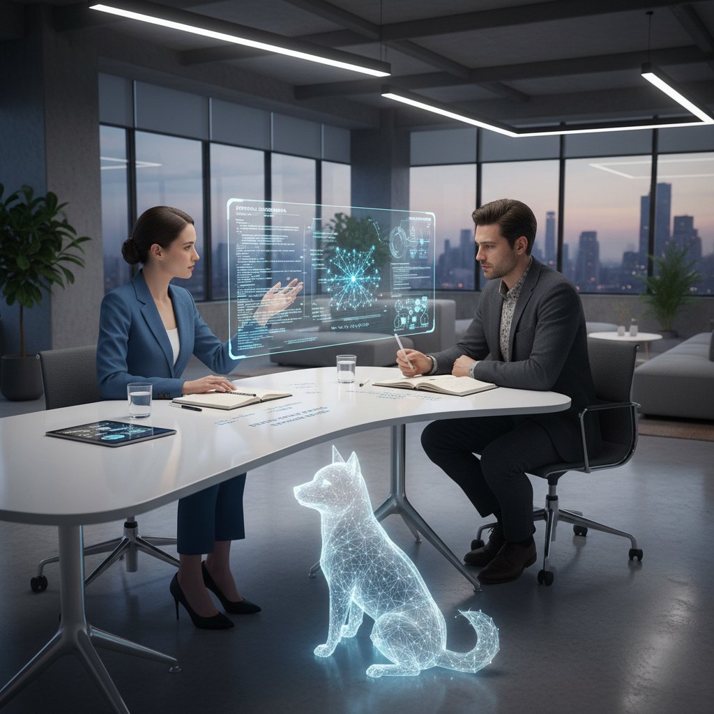 Dwie osoby dyskutujące o etyce AI w nowoczesnym biurze, piesek AI na ekranie