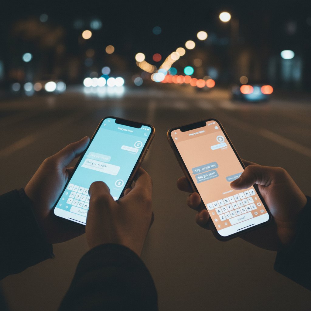 Dwie osoby wymieniające wiadomości w nocy – symbol pierwszego kontaktu online