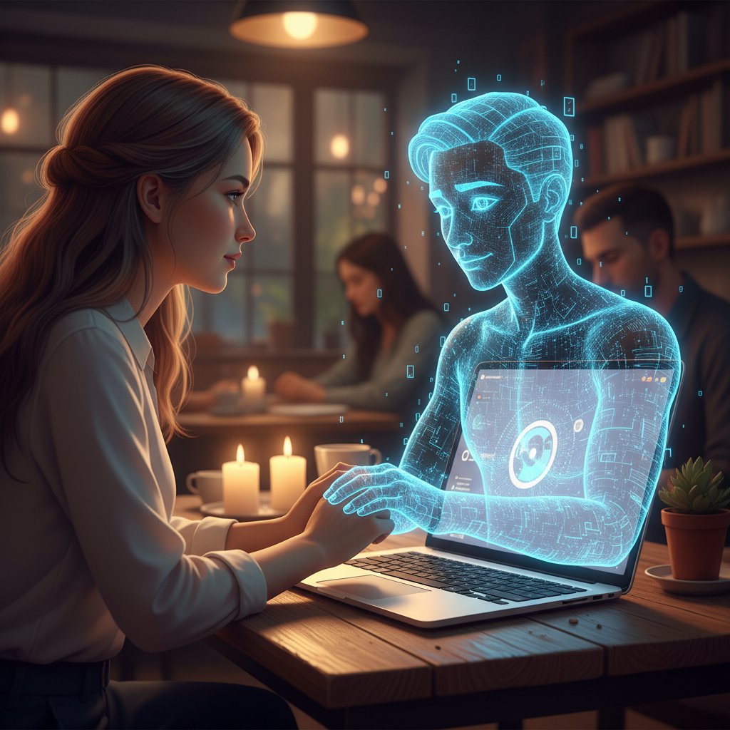 Dwie osoby siedzące naprzeciw siebie, jedna z nich jest cyfrową postacią na ekranie laptopa