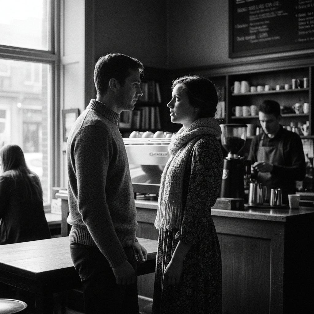 Dwie osoby rozmawiające twarzą w twarz, wyraźny kontrast z rozmową online