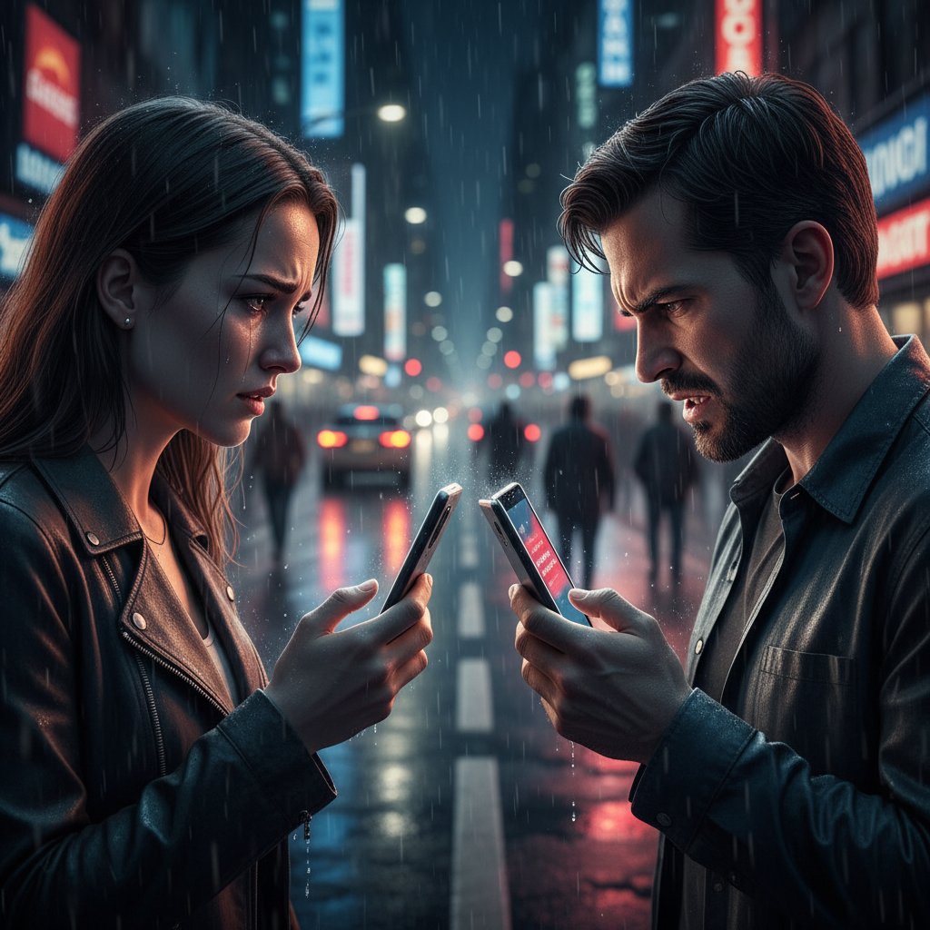 Dwie osoby patrzące na siebie przez smartfony, nocne miasto w tle, intensywna emocja