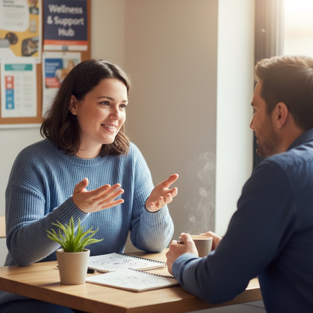 Dwie osoby rozmawiające w przyjaznej atmosferze – wsparcie psychologiczne i rozmowa to pierwszy krok do zdrowia