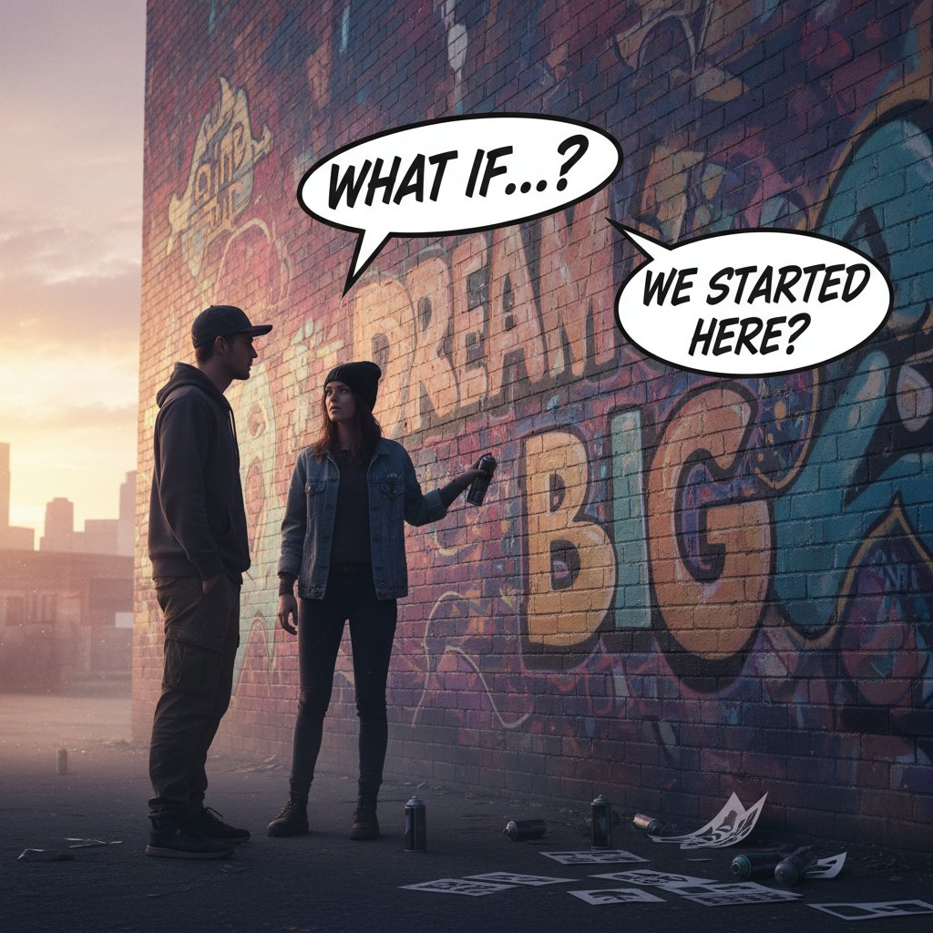 Dwie osoby rozmawiające na tle murów z graffiti, symbol dialogu w podzielonym społeczeństwie