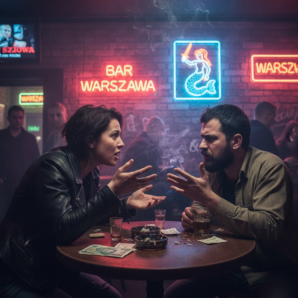 Dwie osoby prowadzące intensywną rozmowę w zatłoczonym warszawskim barze, neonowe światła, atmosfera napięcia i autentyczności