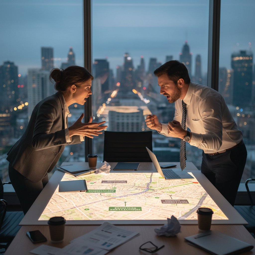 Dwoje ludzi w gorącej debacie nad mapą miejską, ekspresyjne gesty