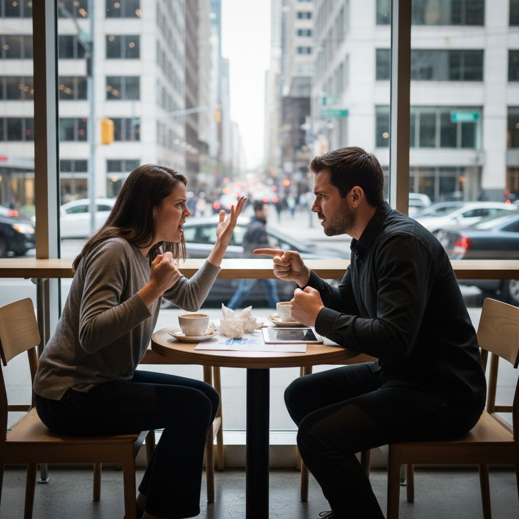 Dwie osoby podczas burzliwej rozmowy w polskiej kawiarni, emocje i napięcie na twarzach, konflikty i szansa na porozumienie