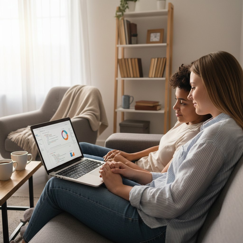 Dwie osoby trzymające się za ręce przez ekran laptopa, symbol wzajemnego wsparcia