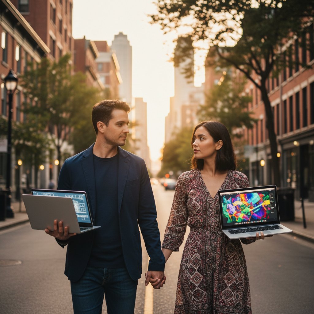 Dwie osoby trzymające się za ręce przez ekrany laptopów, symbolizujące granice cyberzdrady