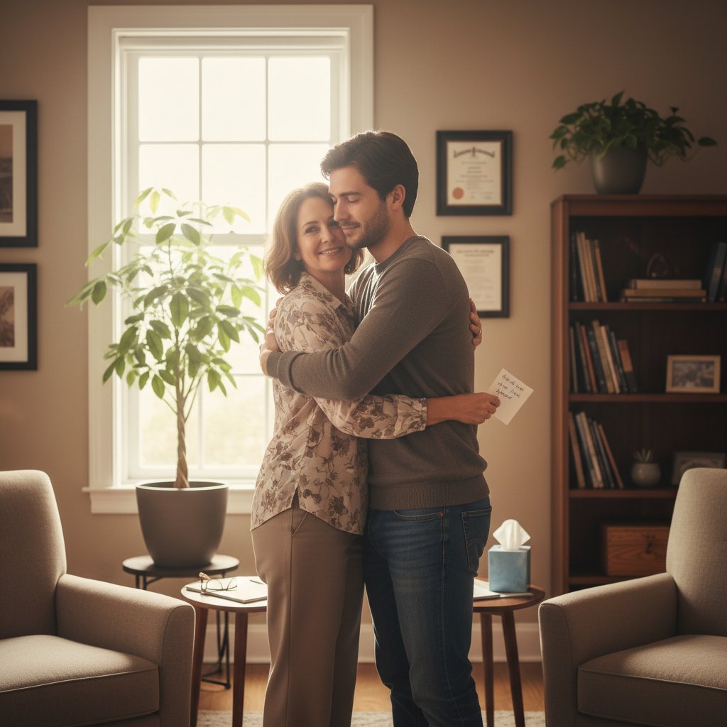 Dwie osoby ściskające się na pożegnanie w gabinecie terapeutycznym — zakończenie procesu psychoterapii