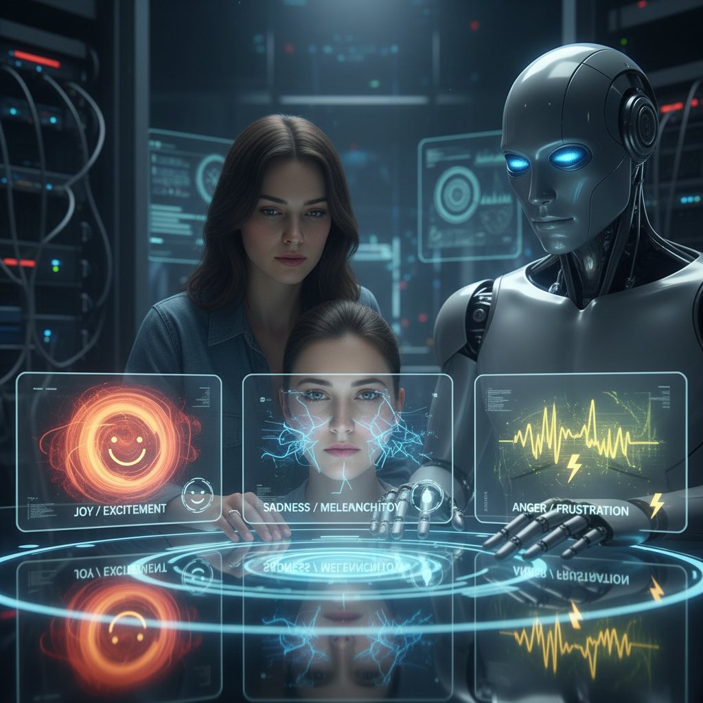 Dwie osoby rozmawiające z humanoidalnym robotem; w tle ekrany z wykresami emocji