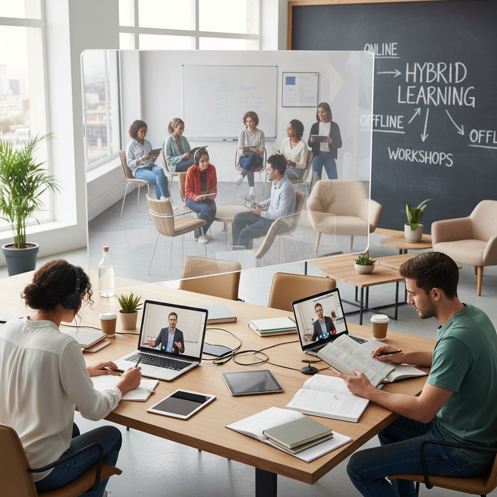 Dwie osoby pracujące razem: jedna przy komputerze, druga z zeszytem, łącząc naukę online i offline