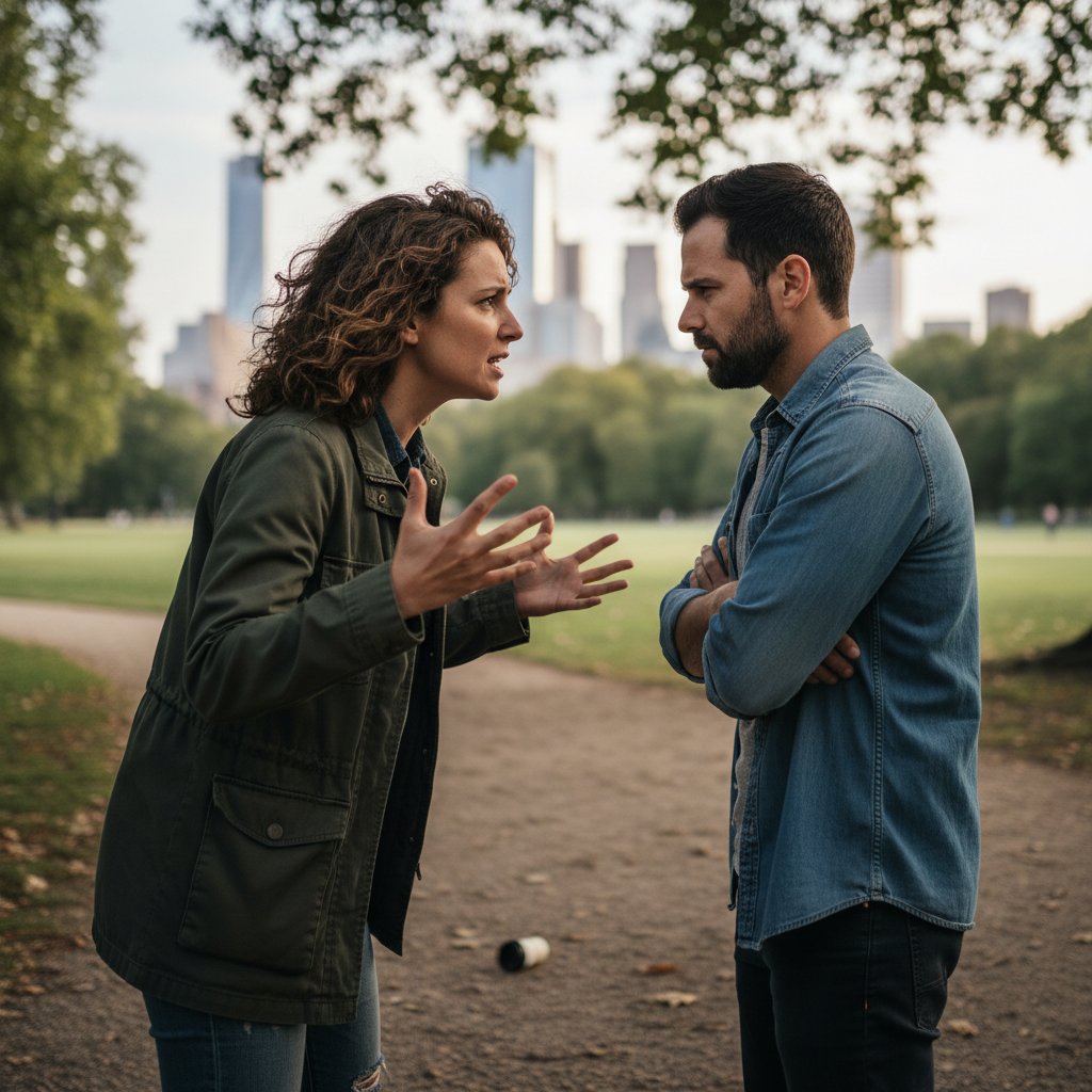 Dwie osoby prowadzące intensywną rozmowę w miejskim parku, kontrast emocji i skupienia