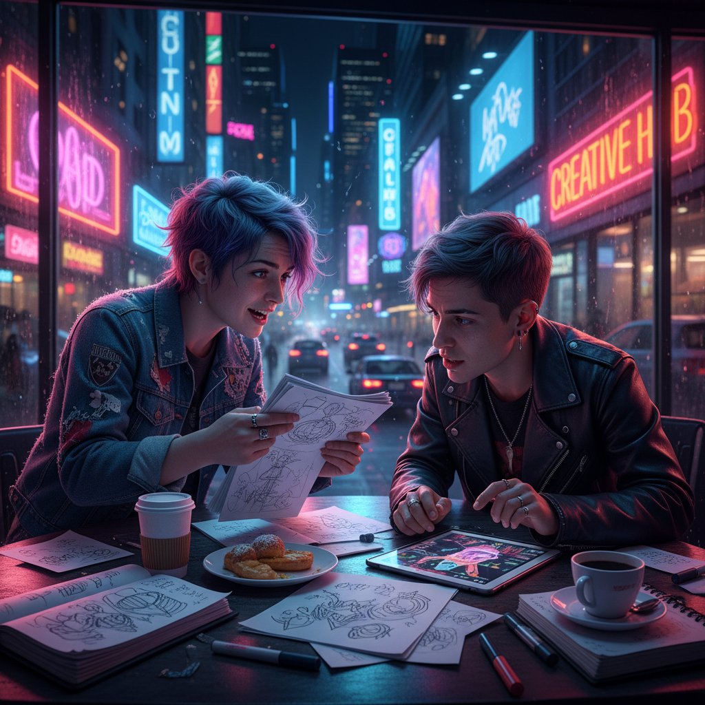 Dwoje ludzi prowadzących intensywną kreatywną rozmowę nocą w neonowej kawiarni miejskiej, notatki i szkice na stole